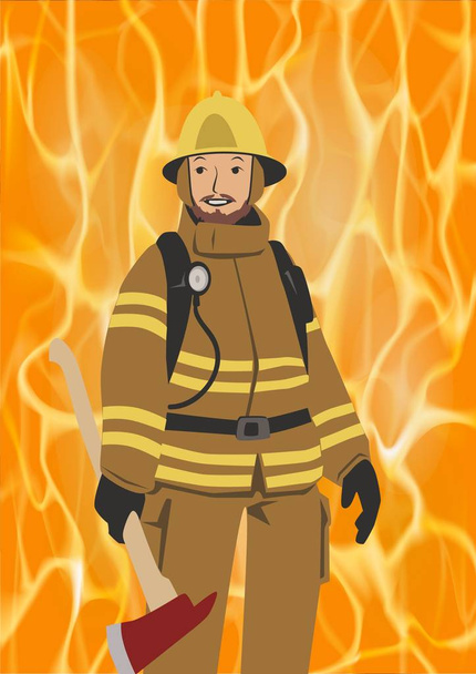 Fireman with an axe on vivid fire background. Firefighter in his gear wearing helmet. Flat vector illustration. Vertical. - Vektör, Görsel