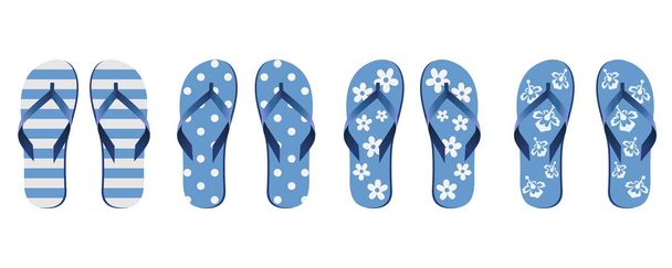 Four pair of different flip flops - blue white colors on transparent background - Vector, Image