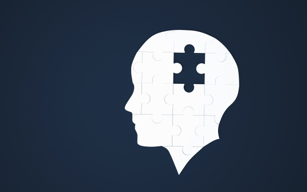 Beyaz jigsaw puzzle olarak mavi bir insan beynine. Kavramı - Fotoğraf, Görsel