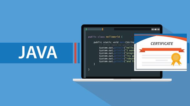 Java προγραμματισμός γλώσσα πιστοποιητικό με laptop και κώδικα δέσμης ενεργειών σε εικονογράφηση φορέα οθόνης - Διάνυσμα, εικόνα