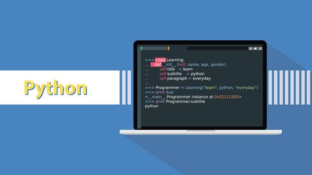 Python γλώσσα με παράδειγμα κώδικα στο κείμενο της οθόνης προγραμματισμού - Διάνυσμα, εικόνα