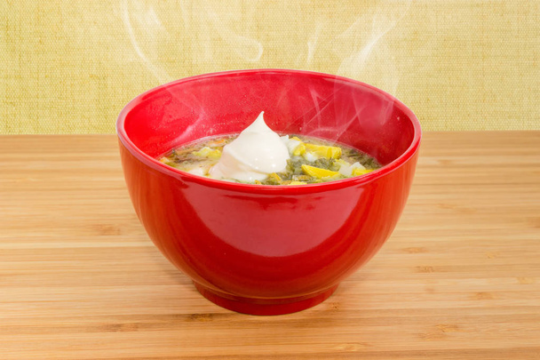 Soupe à l'oseille avec oeuf et crème sure dans un bol rouge
 - Photo, image
