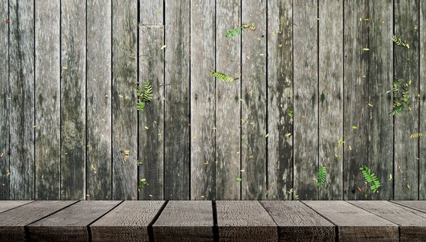 empty wooden shelf on wooden wall for product display - Photo, Image