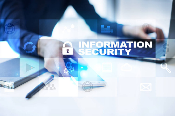 Informacje koncepcja ochrony bezpieczeństwa i dane na ekranie wirtualnych. - Zdjęcie, obraz