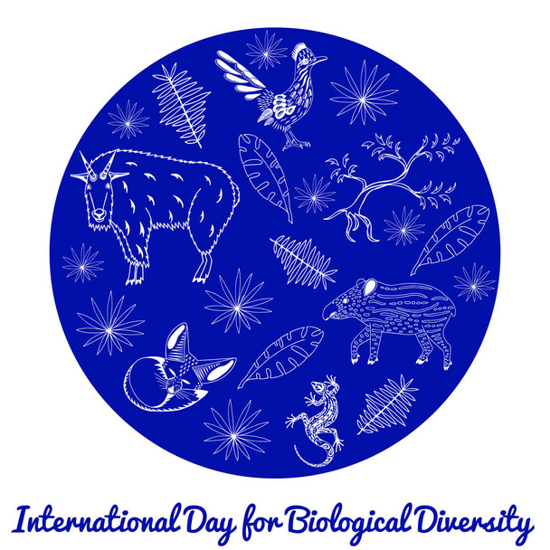 Kansainvälinen biologisen monimuotoisuuden päivä. Eläimet, puu, lehdet, ääriviivat piirustukset
. - Vektori, kuva