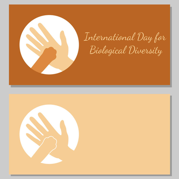 Mezinárodní den pro biologickou rozmanitost. Člověk ruku a zvířecí tlapy. Letáky pro účastníky akce. - Vektor, obrázek
