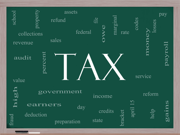 Concetto Tax Word Cloud su una lavagna
 - Foto, immagini
