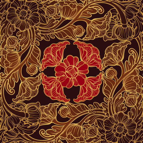 Stilizált egzotikus virágok. Traditionaln Dél-Kelet-Ázsia dísz. A népi Buddha templomok díszítésére. függőleges ritmus. Golden lineáris támaszkodva, barna, vörös virág - Vektor, kép