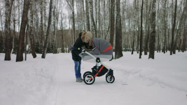Egy fiatal anya, séta a parkban téli babakocsit oldalnézetből - Felvétel, videó