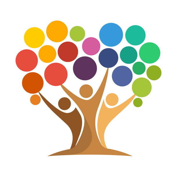 icono de la ilustración del árbol con el concepto de unidad de las personas que alcanzan el punto de colores
 - Vector, Imagen