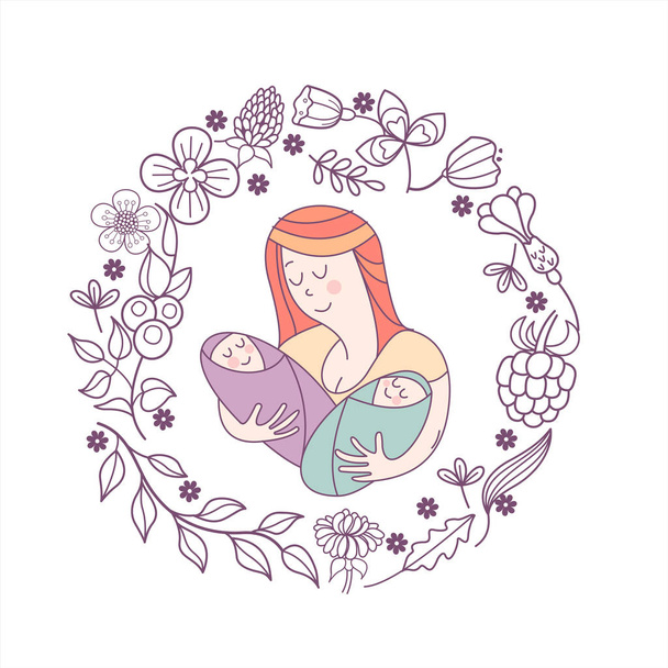 Greeting card mother's day. The best mom. A pretty mother holds  - Vector, Image