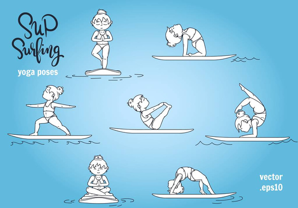 Paddle board yoga poses vector set - Vector, Image