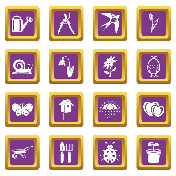 Spring icons set purple square vector - Vecteur, image