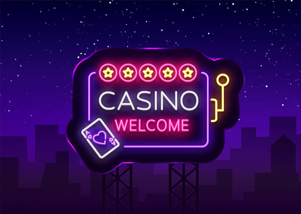 Casino welcome logó neon stílusban. Tervezősablon. Neonreklám, könnyű banner, éjszakai neon óriásplakát, reklám szerencsejáték kaszinó, póker, nyerőgépek, ragyogó fény. Vektoros illusztráció. Billboard - Vektor, kép