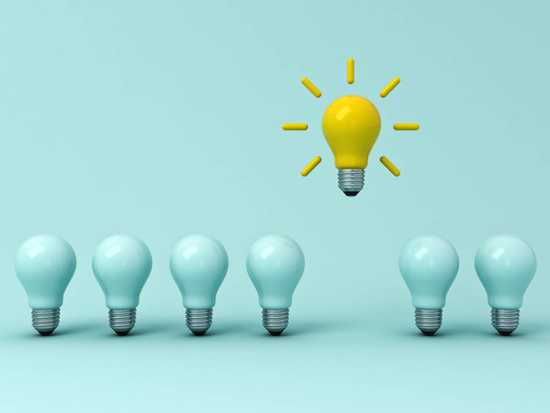 Think different concept , One yellow idea bulb standing out from the dim unlit light bulbs on blue pastel background with shadows , leadership and individuality creative idea concepts . 3D rendering. - Photo, Image
