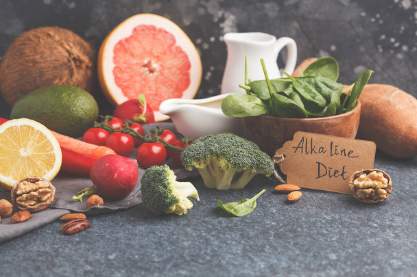 Healthy food background, trendy Alkaline diet products - fruits, - 写真・画像