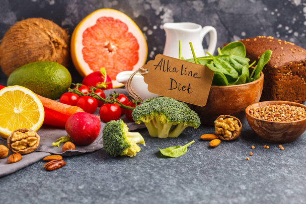 Fondo alimentario saludable, productos de dieta alcalina de moda - frutas
, - Foto, imagen
