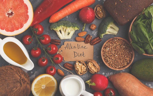 Healthy food background, trendy Alkaline diet products - fruits, - Foto, Bild