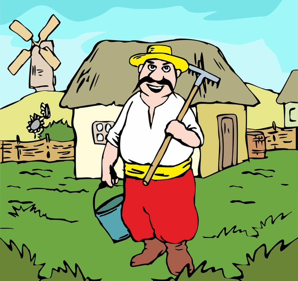 Farmer standing holding rake and metal bucket. Flat vector illustration - Vector, afbeelding