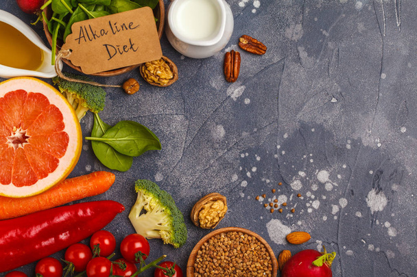 Healthy food background, trendy Alkaline diet products - fruits, - Foto, Imagen