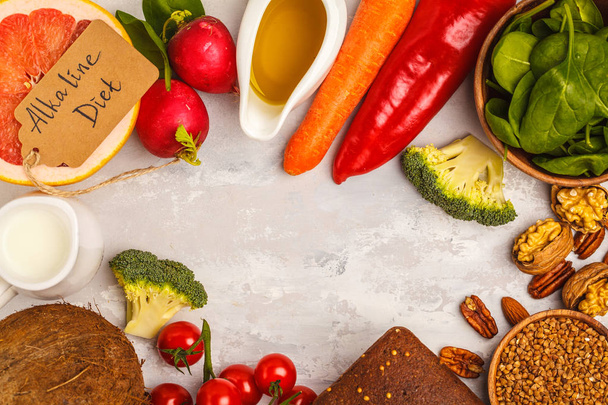Healthy food background, trendy Alkaline diet products - fruits, - Foto, imagen