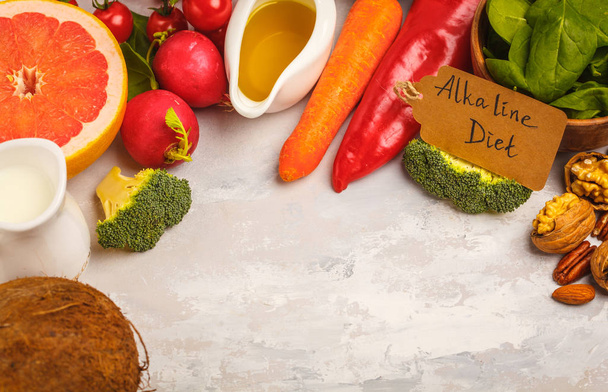 Healthy food background, trendy Alkaline diet products - fruits, - Fotó, kép