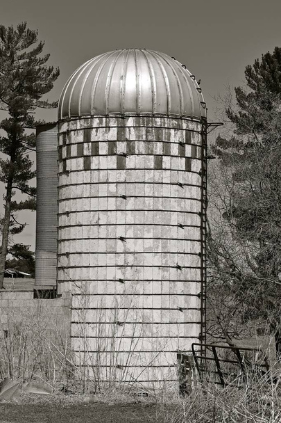 Le vieux silo de portées est tout ce qui reste d'une ancienne exploitation laitière (noir et blanc
) - Photo, image