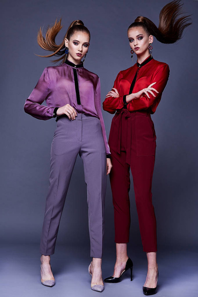 Two beautiful business woman lady style perfect body shape brunette jewelry earrings wear fashion clothes silk blouse pants portrait cosmetic makeup accessory bag glamour model pose party office. - 写真・画像