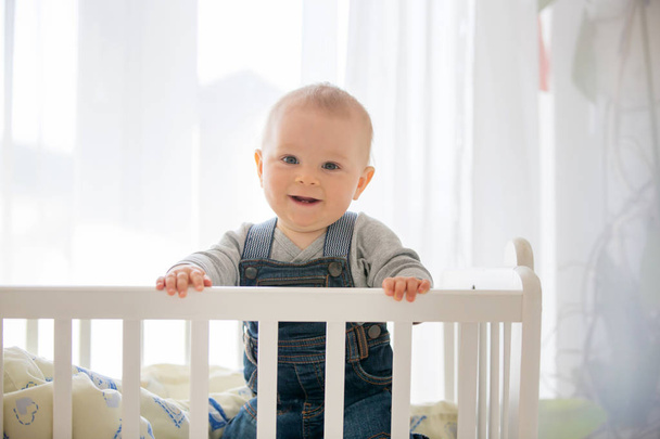 Smiling toddler boy, playing with little rabbit toy in crib - Φωτογραφία, εικόνα
