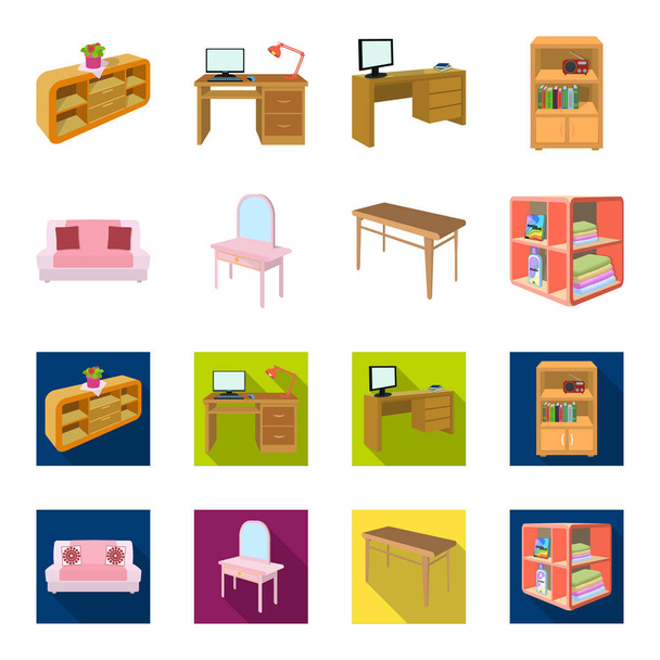 Soft sofa, toilet make-up table, dining table, shelving for laundry and detergent. Furniture and interior set collection icons in cartoon,flat style isometric vector symbol stock illustration web. - Vector, Image