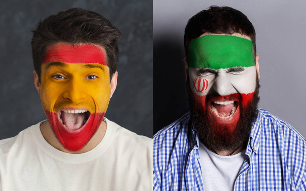Емоційні шанувальники футболу з пофарбованими прапорами на обличчях
 - Фото, зображення