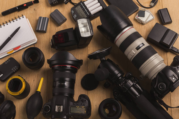 Diverse personal equipment for photographer - Фото, изображение