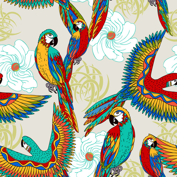 Vintage, kleurrijke achtergrond met papegaaien, thema exotische beac - Foto, afbeelding