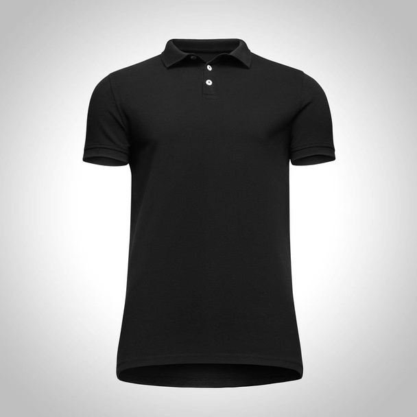 空白のテンプレート男性黒ポロシャツ半袖、正面ボトムアップ、クリッピング パスと灰色の背景上に分離。モックアップ コンセプト デザインのプリント t シャツ - 写真・画像