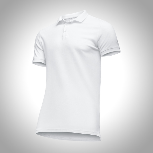 Κενό πρότυπο λευκό πουκάμισο πόλο ανδρών κοντό μανίκι, πρόσοψη μισή στροφή κάτω προς τα πάνω, απομονώνονται σε γκρι φόντο με διαδρομή αποκοπής. Κοροϊδεύω πουκάμισο t έννοια για το σχεδιασμό και την εκτύπωση - Φωτογραφία, εικόνα