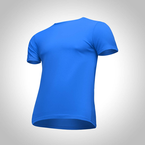 Blank template men blue t shirt short sleeve, front view half turn bottom-up, isolated on gray background with clipping path. Mockup concept tshirt for design and print - Photo, Image