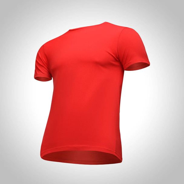 leere Vorlage Männer rotes T-Shirt mit kurzem Ärmel, Vorderansicht halb von unten nach oben, isoliert auf grauem Hintergrund mit Clipping-Pfad. T-Shirt-Attrappe für Design und Druck - Foto, Bild