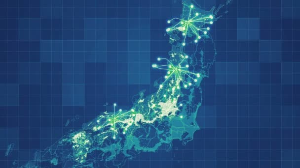 Κινούμενα Χάρτης Ιαπωνίας με πλέγμα, κινούμενα δικτύων μεταξύ των κύριες κατευθύνσεις και τα οπτικά εφέ. Τέλειο για οποιοδήποτε είδος των βίντεο που ασχολούνται με παγκόσμια επιχείρηση, ταξίδια, αγορές του κόσμου και πολλά άλλα. - Πλάνα, βίντεο