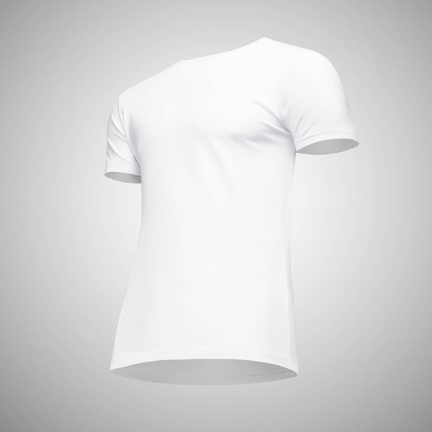 Κενό πρότυπο άνδρες λευκό t πουκάμισο Κοντομάνικο, πρόσοψη μισή στροφή κάτω προς τα πάνω, απομονώνονται σε γκρι φόντο με διαδρομή αποκοπής. Κοροϊδεύω tshirt έννοια για το σχεδιασμό και την εκτύπωση - Φωτογραφία, εικόνα
