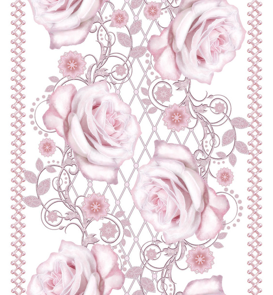 Seamless pattern. Decorative decoration, paisley element, delicate textured silver leaves made of thin lace and pearls, thread of beads, bud pastel pink rose. Openwork weaving delicate. - Photo, image