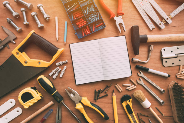 Top view of handyman housework repairing tools - 写真・画像