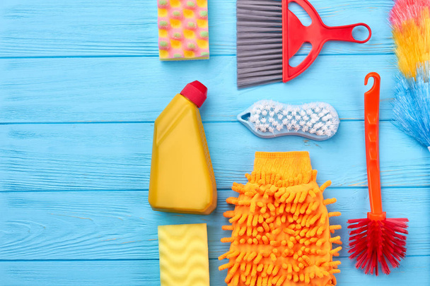 House cleaning products on colorful background. - Photo, Image