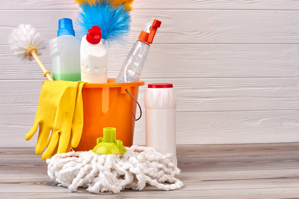 Assortment of cleaning items in bucket. - Photo, Image