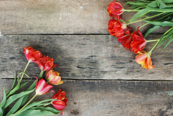 Fiori primaverili. Bouquet di tulipani rossi su fondo di legno marrone. Festa della mamma e San Valentino sfondo
 - Foto, immagini