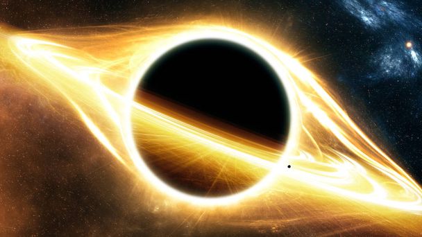Licht um ein schwarzes Loch im All und einen Planeten, der sich zu einem schwarzen Loch zusammenzieht 3d Illustration - Foto, Bild