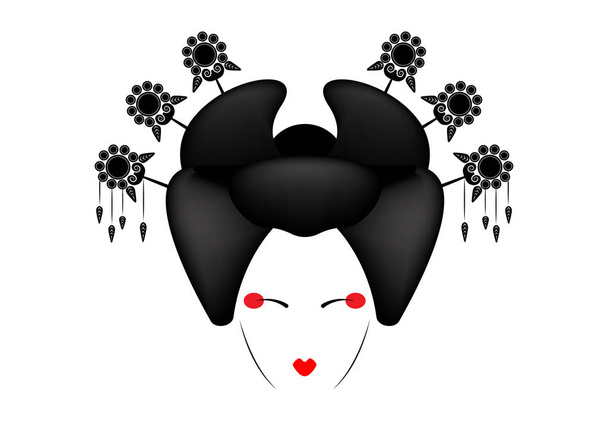 Porträt eines japanischen oder asiatischen Mädchens, traditioneller Stil mit japanischer Frisur, Madama-Schmetterling oder Geisha japanische Kultur, schöne Mode-Vektor-Illustration isoliert oder weißer Hintergrund - Vektor, Bild