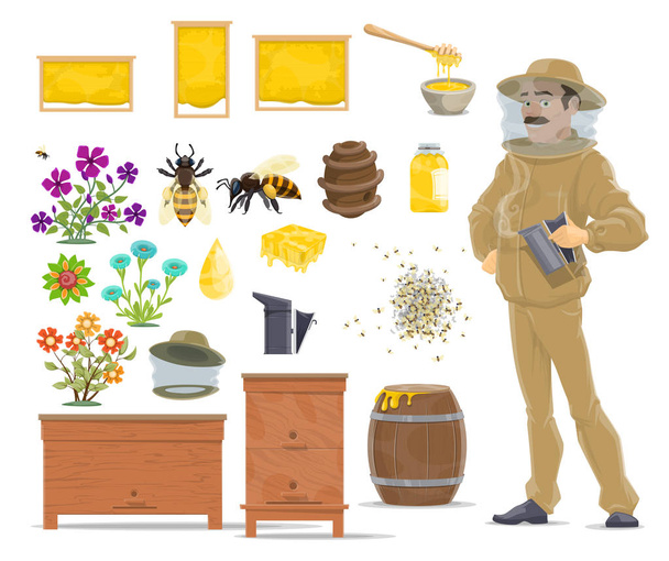 Медова бджола, стільники, вулик і значок пасічників
 - Вектор, зображення