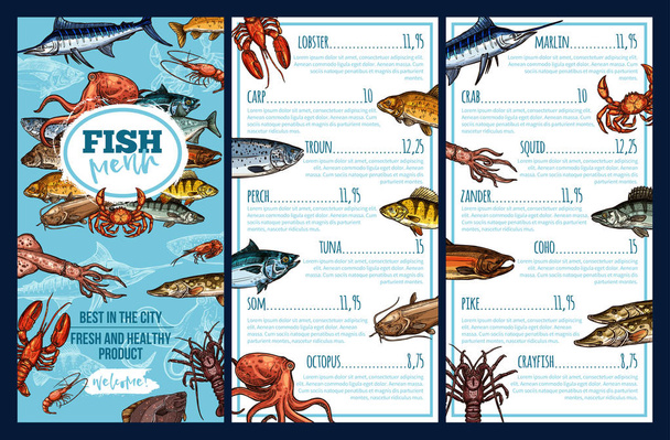 Meeresfrüchte-Restaurant Speisekarte Vorlage mit Fisch-Skizze - Vektor, Bild