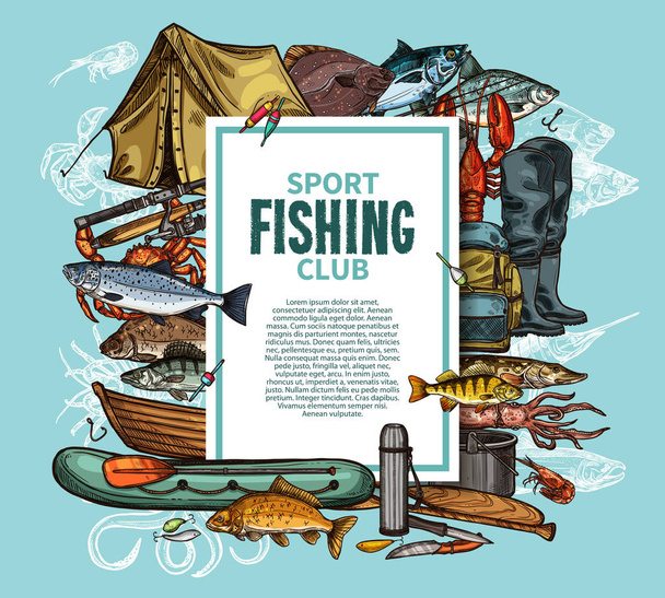 Рибальський плакат з риболовлею та рибальським інструментом
 - Вектор, зображення