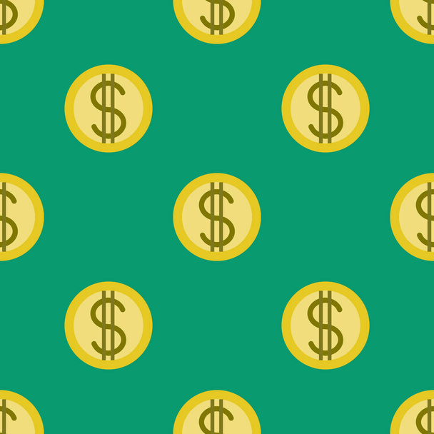 Golden coins with dollar signs seamless pattern. Crypto-currency market. Money icons on green background - Вектор, зображення